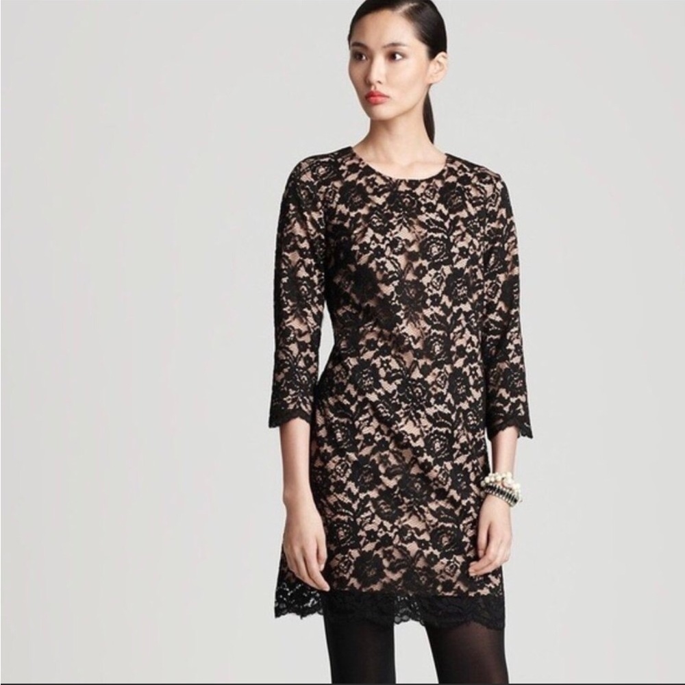 Cynthia Steffe Vida Lace Scalloped‎ Hem Shift Black Dress LBD